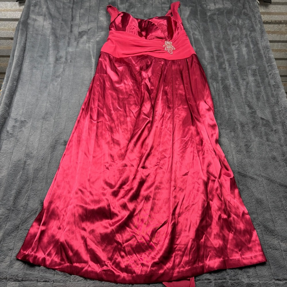 Davids Bridal Satin Formal Gown Red Rhinestone Empire Waist Maxi Dress 14177